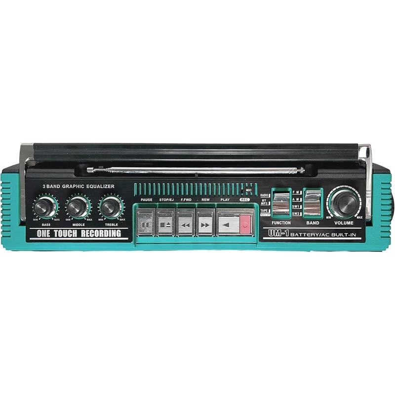 Aqua Turquoise Boombox with MP3 Conversion, 4-Band Radio (AM, FM, SW1, SW2), Bluetooth Connectivity, Dual 3