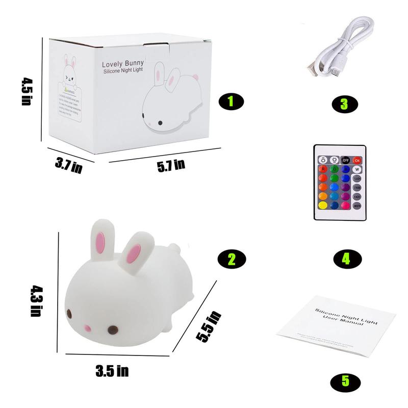 Cute Bunny Night Light, USB Rechargeable Kids Night Light, Warm White and 16 Colors Breathing Modes Led Animal Lights for Girls, Childrens, Toddler, Baby and Kids Christmas Gifts