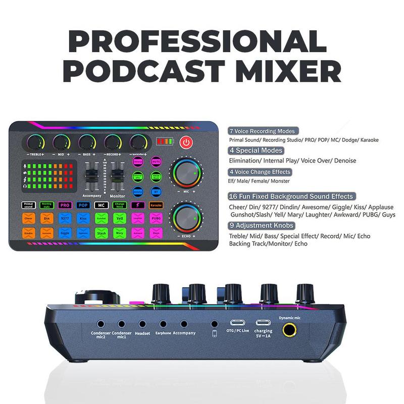 Professional Audio Mixer, 1 Set Podcast Equipment Kit with Sticker, Podcast Production Kit, Vocal Recording Kit, Video Recording Kit, Studio Equipment, Condenser Mic Set, Audio Mixer Kit for PC, Laptop, Smartphone