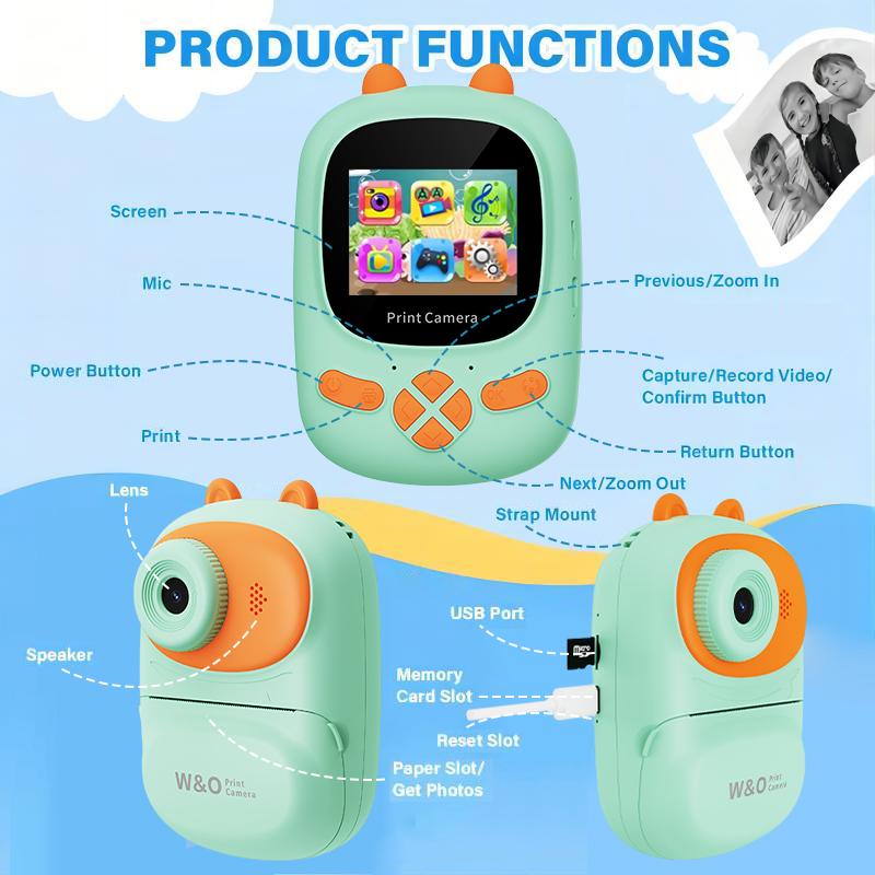 Instant Camera for Kids, Thermal Printing, HD Color Screen, 32G Memory Card, USB Rechargeable, Fast Photo Printing Toy camera, Birthday gift, For All Ages