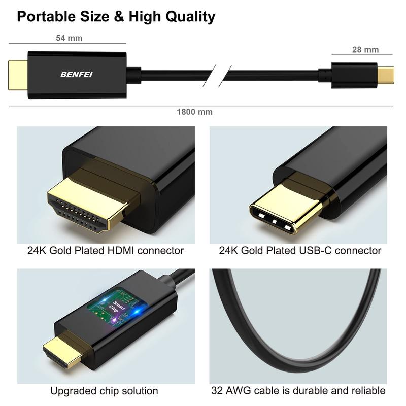 BENFEI USB C to HDMI 6 Feet Cable Thunderbolt 3 4 Accessories Computer Connector