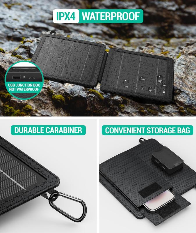 10W Solar Charger, IP65 Waterproof, Foldable with Dual USB Outputs (5V 2A Max) for iPhone, iPad, Samsung, and more. Ideal for outdoor use.