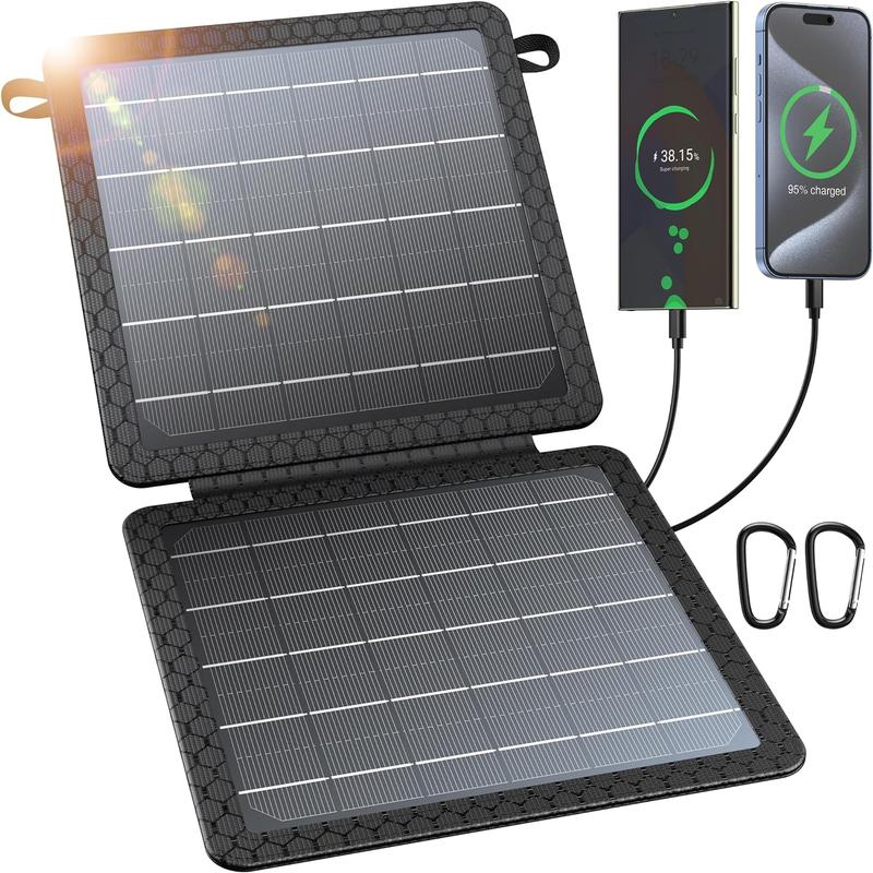 10W Solar Charger, IP65 Waterproof, Foldable with Dual USB Outputs (5V 2A Max) for iPhone, iPad, Samsung, and more. Ideal for outdoor use.