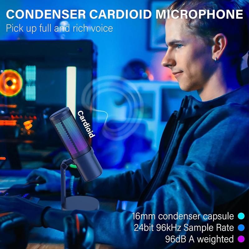 Condenser Microphone for PC PS4 PS5  Mac, RGB, Mute Touch, Pop Filter, Gain Knob, Monitoring for Streaming Podcast