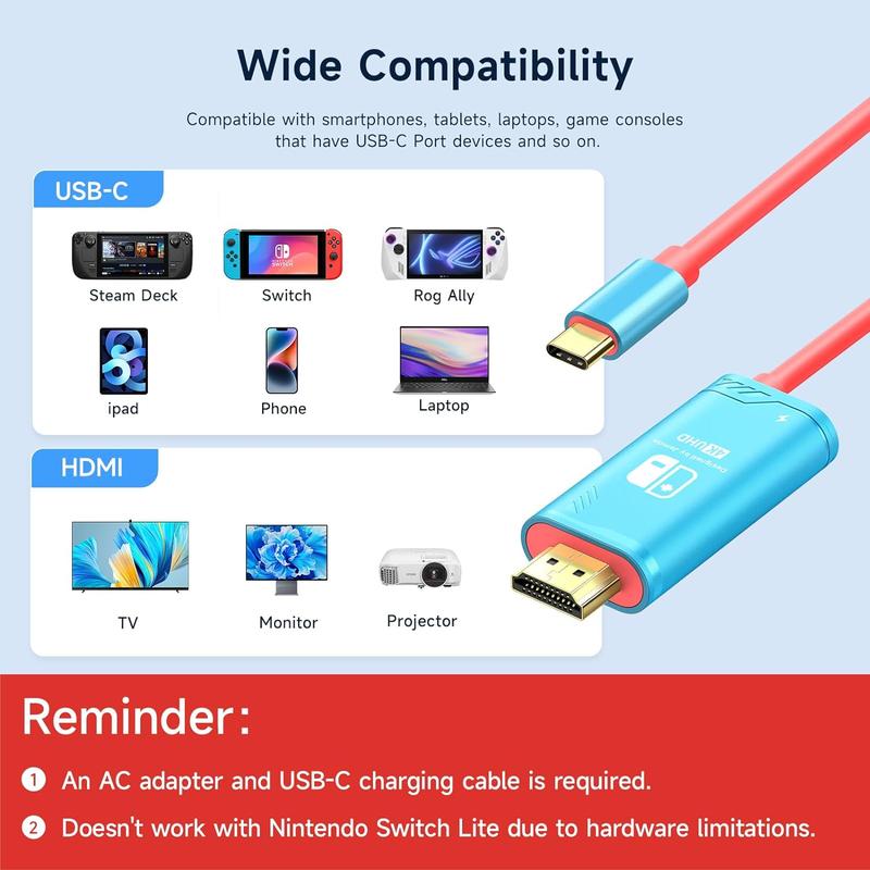 USB C to HDMI Cable Compatible with Nintendo Switch NS OLED, Portable TV Adapter Connector Replaces The Original Switch Dock for TV Screen Mirroring, Convenient for Travel, 4K HD, 2m, Blue Accessories Console