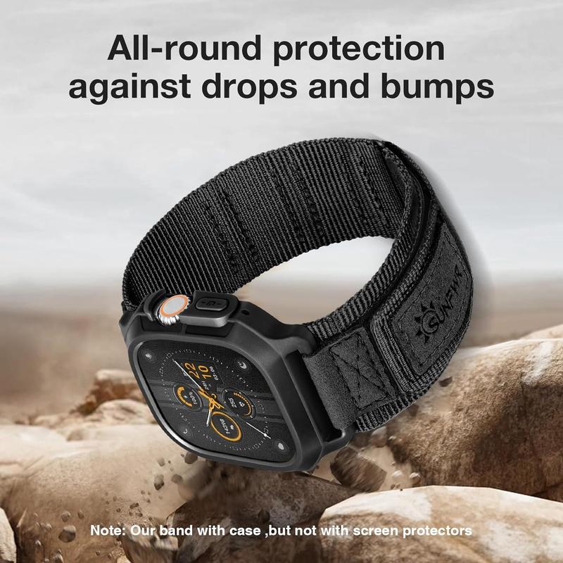 Sunfwr Rugged Nylon Smartwatch Band with Protective Case,  Compatible with Apple Watch 42mm 44mm 45mm 49mm, Durable Velcro Strap Wristband for iWatch Series 987654SE, Stylish Wearable Accessories with Sport For Men & Women Leather