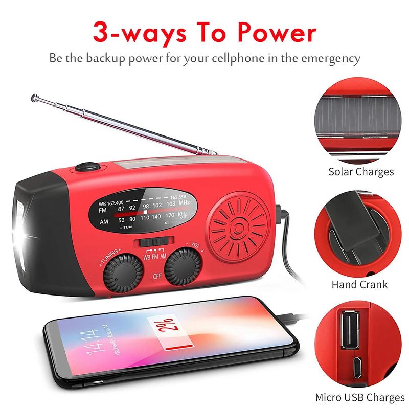 Portable Solar Powered Radio, 2000mAh Multifunctional Emergency LED Flashlight Radio, FM AM WB NOAA Weather Radio, Outdoor Radio for Camping Hiking