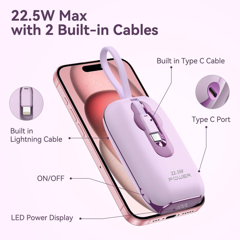 Portable power bank for iPhone with Built in Cables, 22.5W Max Fast Charging USB C Lightening Charging Port