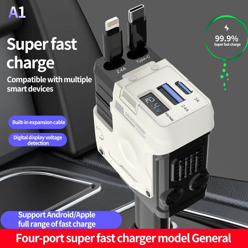 4 in 1 Retractable Car Charger,High-Speed USB C Adapter with Lightning Cable and Dual Charging Ports for iPhone 15 14 13 Pro Max Plus, iPad, AirPods, Samsung Galaxy S23 S22 S10, Google Smart Device