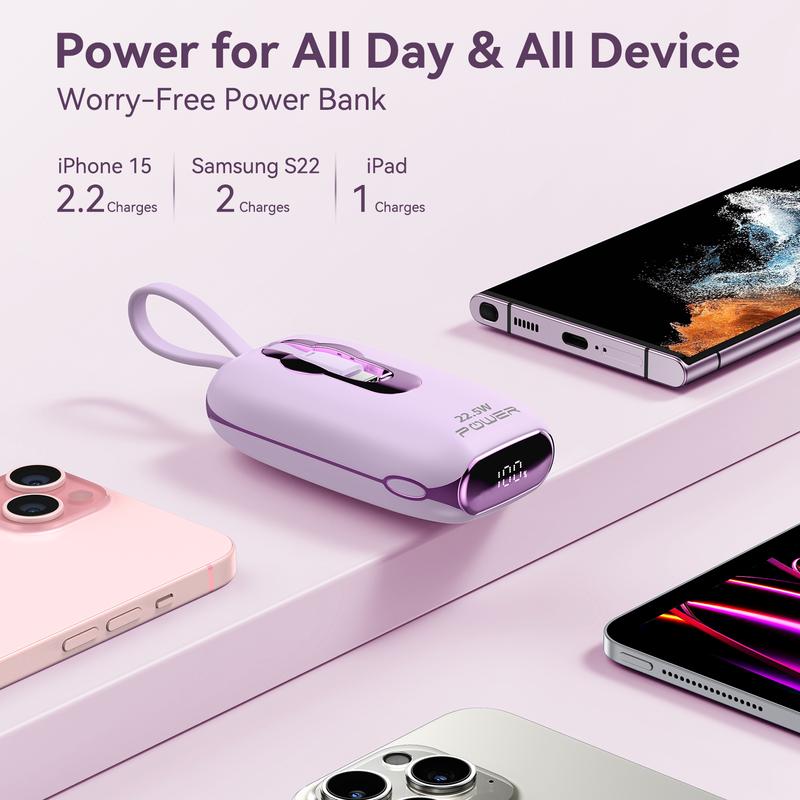 Portable power bank for iPhone with Built in Cables, 22.5W Max Fast Charging USB C Lightening Charging Port