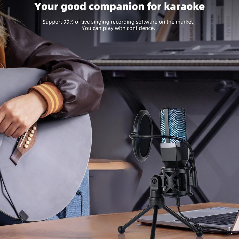 Professional RGB Type Microphone, Studio-Quality Recording Microphone with Tripod, Live Streaming, Podcast Broadcasting Microphone for Music Recording, Condenser Microphone, Gaming Microphone, Microphone Gaming