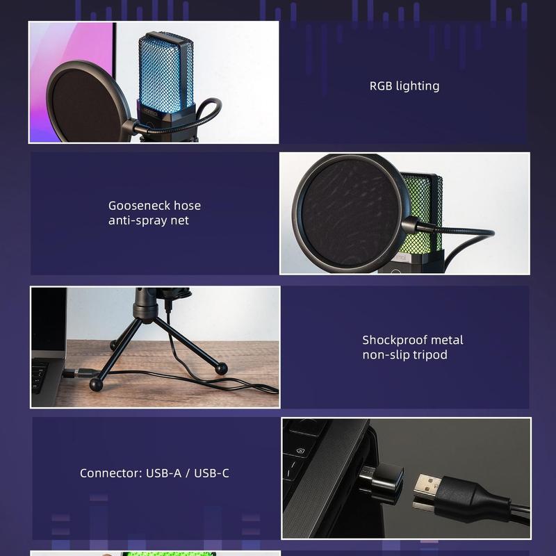 Professional RGB Type Microphone, Studio-Quality Recording Microphone with Tripod, Live Streaming, Podcast Broadcasting Microphone for Music Recording, Condenser Microphone, Gaming Microphone, Microphone Gaming