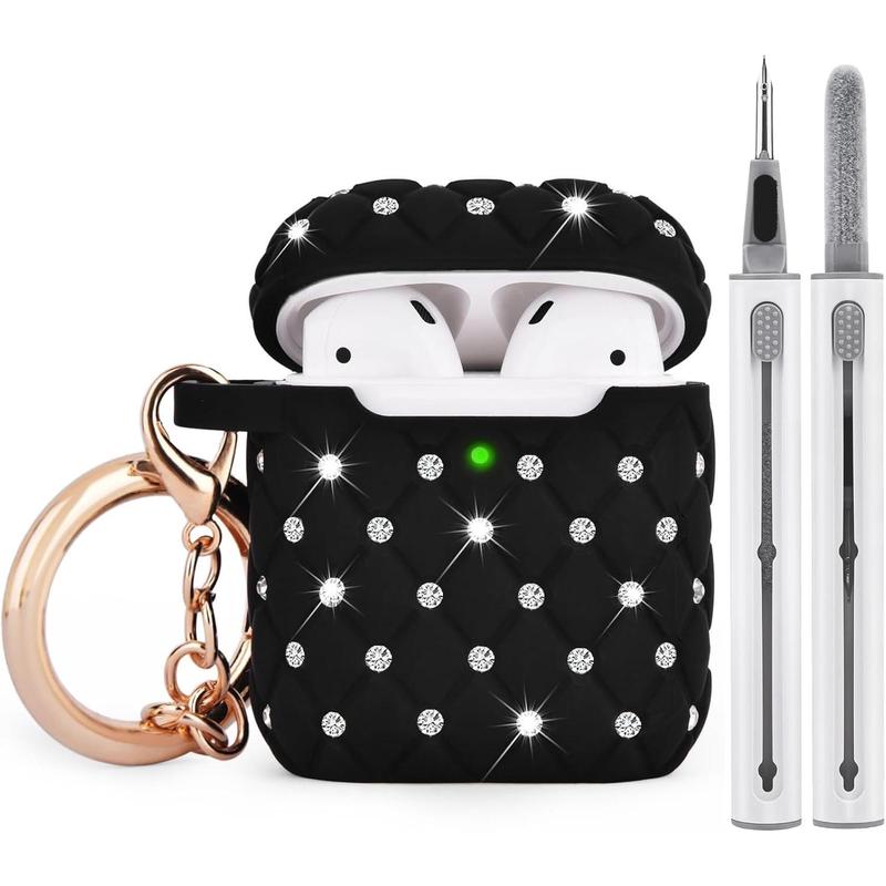 for Airpod Case 2nd 1st Generation, Cute  Airpods Case Protective Cover Accessories Keychain Compatible with Airpods Gen 2 1st Case Women Girls, Black