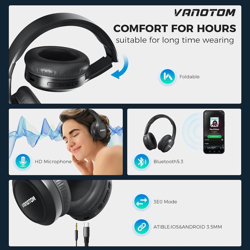 VANOTOM Wireless Headphone,  Foldable Bluetooth Headphones Over Ear, Wireless Headset for Gaming, Phones, Computers, Electronics Audio Headphone Halloween Christmas Gift Earbud