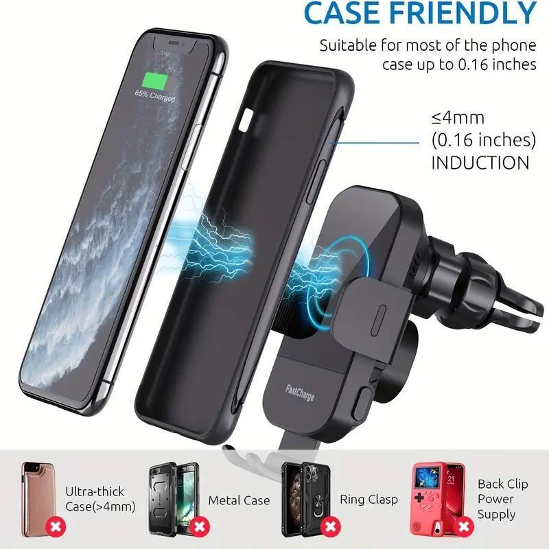 Wireless Car Dashboard Phone Holder Charger, 15W Fast Charging Auto Clamping Car Air Vent Phone Mount Charger, Car Phone Holders, Cell Phone Car Mount, Car Phone Holder, Compatible with iPhone Samsung Galaxy