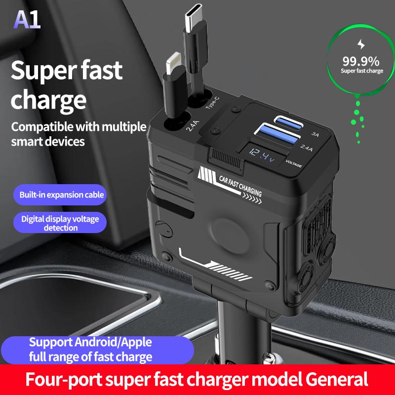 4 in 1 Retractable Car Charger,High-Speed USB C Adapter with Lightning Cable and Dual Charging Ports for iPhone 15 14 13 Pro Max Plus, iPad, AirPods, Samsung Galaxy S23 S22 S10, Google Smart Device