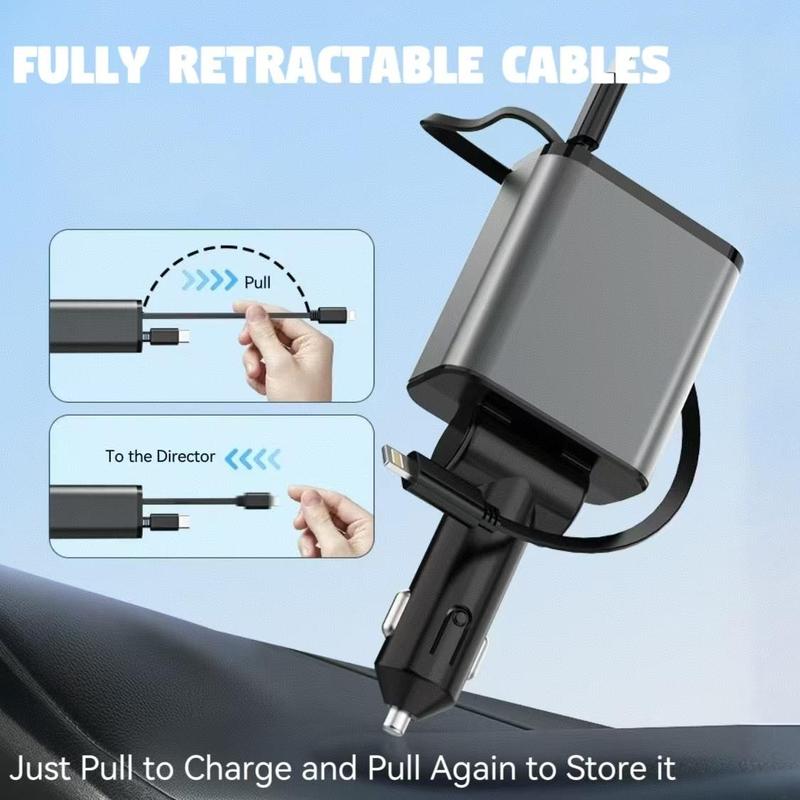 4 in 1 Retractable Car Charger, 100W Fast Dual Type C Charging Car Charger with Data Cable Suitable for iPhone & Android Phones