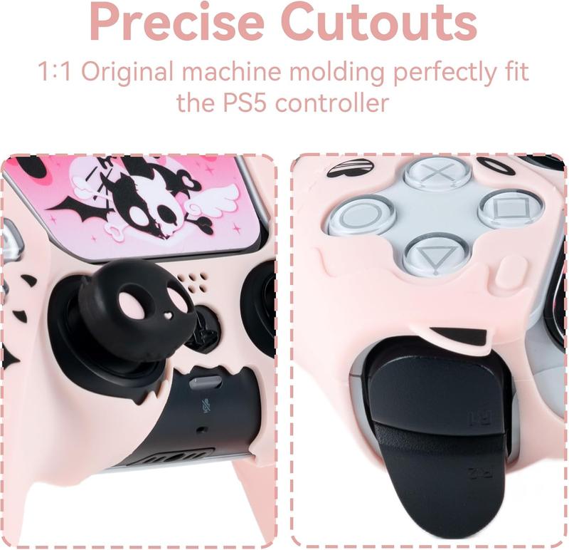 GeekShare PS5 Controller Skin Set,Anti-Slip Silicone Protective Cover Skin for PlayStation 5 Wireless Controller, with 2 Thumb Grip Caps and 2 Stickers - Sweetheart Skull Black   Pink