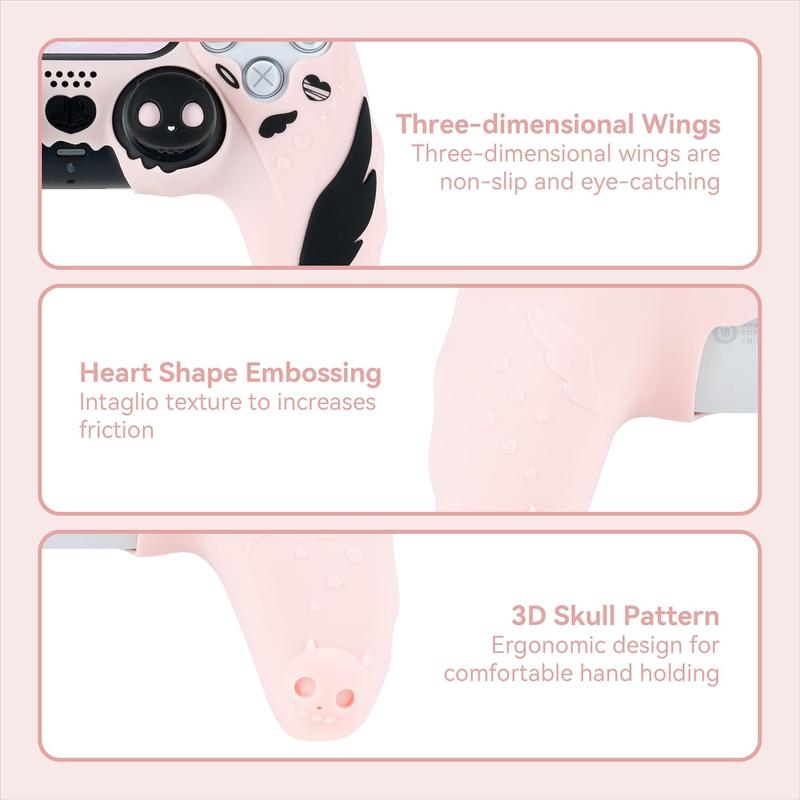 GeekShare PS5 Controller Skin Set,Anti-Slip Silicone Protective Cover Skin for PlayStation 5 Wireless Controller, with 2 Thumb Grip Caps and 2 Stickers - Sweetheart Skull Black   Pink