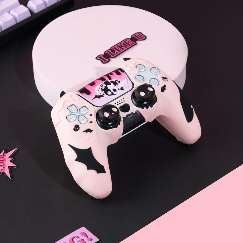 GeekShare PS5 Controller Skin Set,Anti-Slip Silicone Protective Cover Skin for PlayStation 5 Wireless Controller, with 2 Thumb Grip Caps and 2 Stickers - Sweetheart Skull Black   Pink