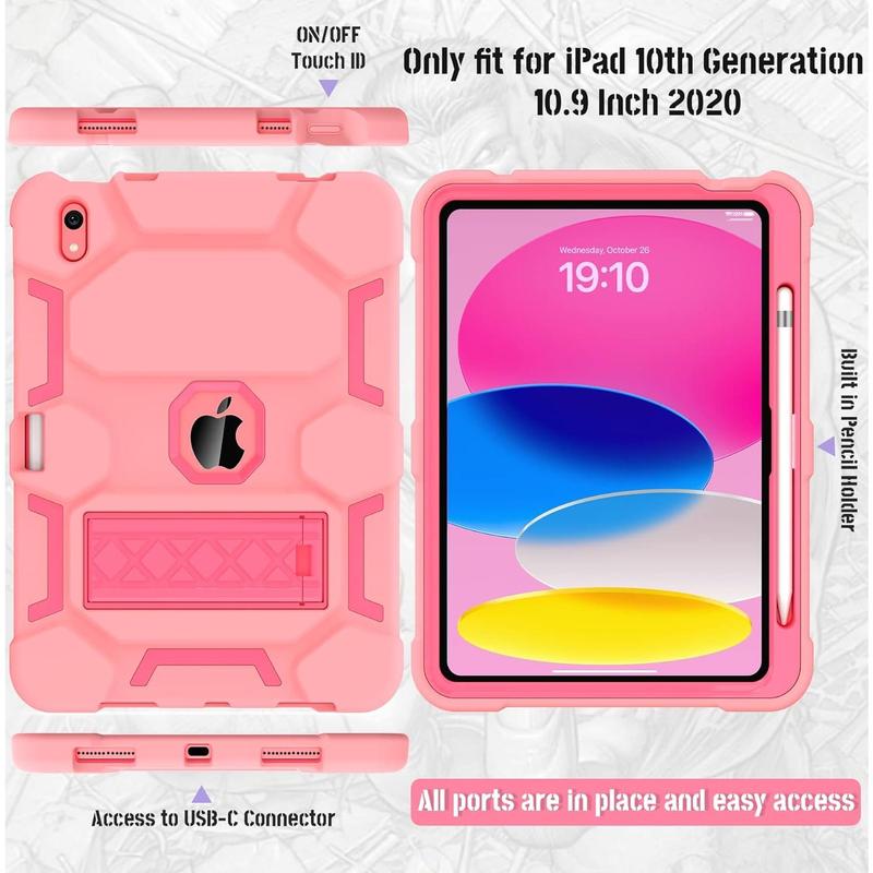 for iPad 10th Generation Case 10.9 Inch 2022, iPad 10 Case with Kickstand & Pencil Holder, Heavy Duty Shockproof Hybrid Three Layer Protective Cover, Rose +Rose