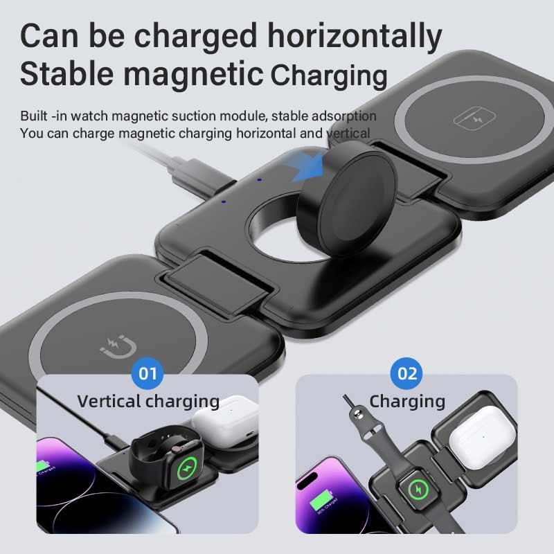 3 in 1 Wireless Charger for Apple Devices: Fodable 3 in 1 Charging Station for Multiple Apple Devices - Travel Charging Pad for Apple Watch iPhone 15 14 13 12 Pro Max Plus Apple Watch & Airpod Smartphone Cellphone Electronic