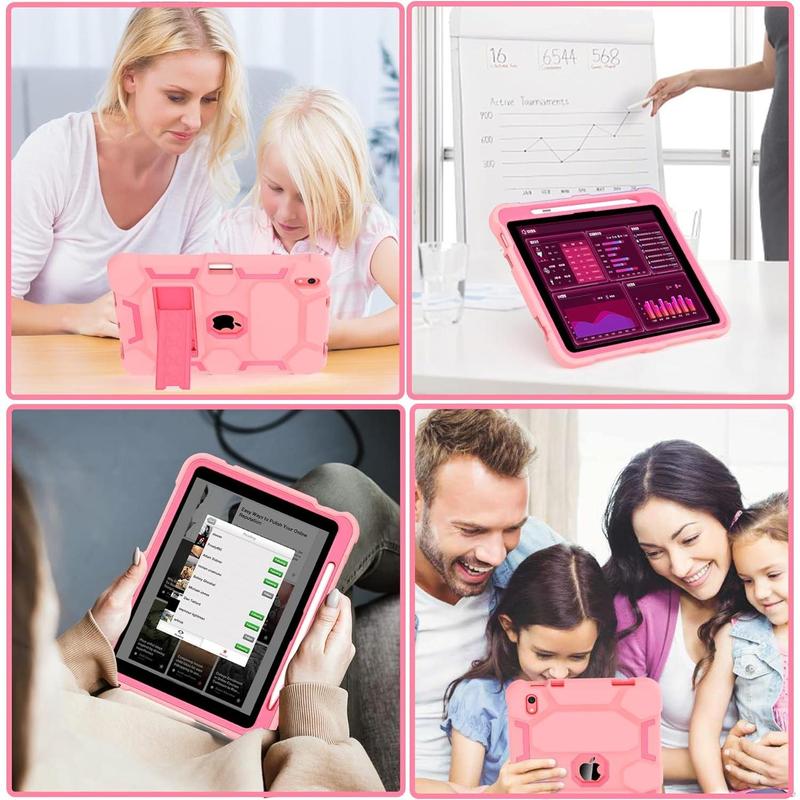 for iPad 10th Generation Case 10.9 Inch 2022, iPad 10 Case with Kickstand & Pencil Holder, Heavy Duty Shockproof Hybrid Three Layer Protective Cover, Rose +Rose