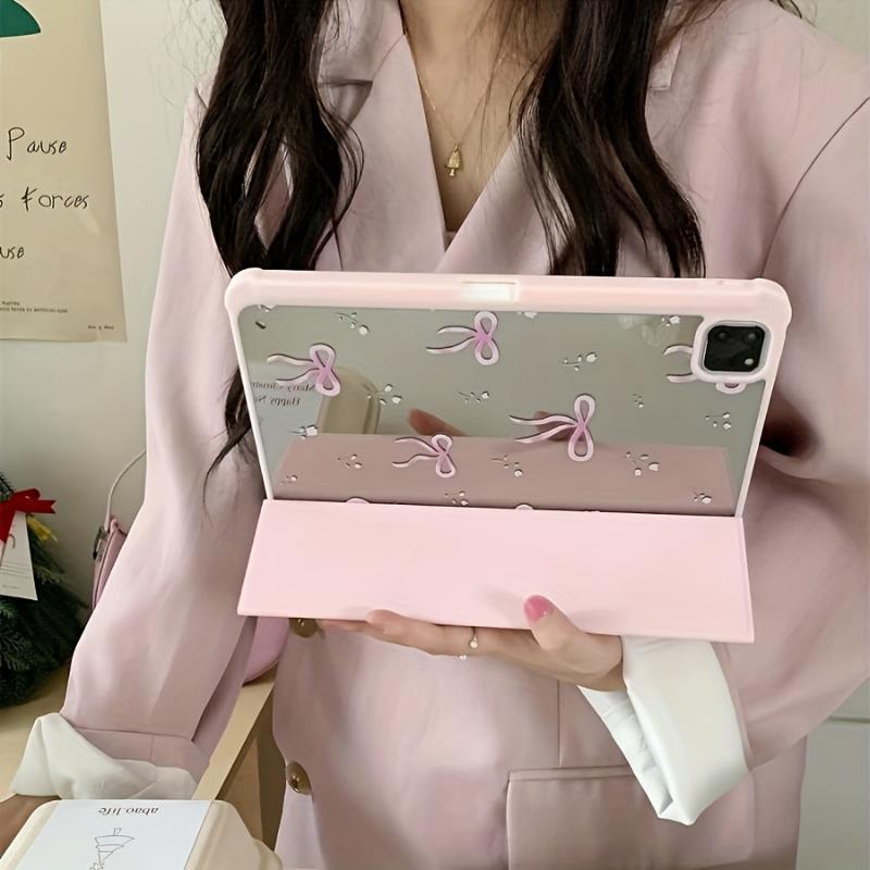 Pink Mirrored Bow Tablet Cover for iPad 10.9 10.2  Air 5th Gen Pro11 10th 9.7 - Acrylic, Foldable, Lightweight, Stand, Apple iPad Air 2  Air, iPad (7th Gen), iPad (8th Gen), iPad Air 4 5, iPad Pro 11 2022 - Mixed Case