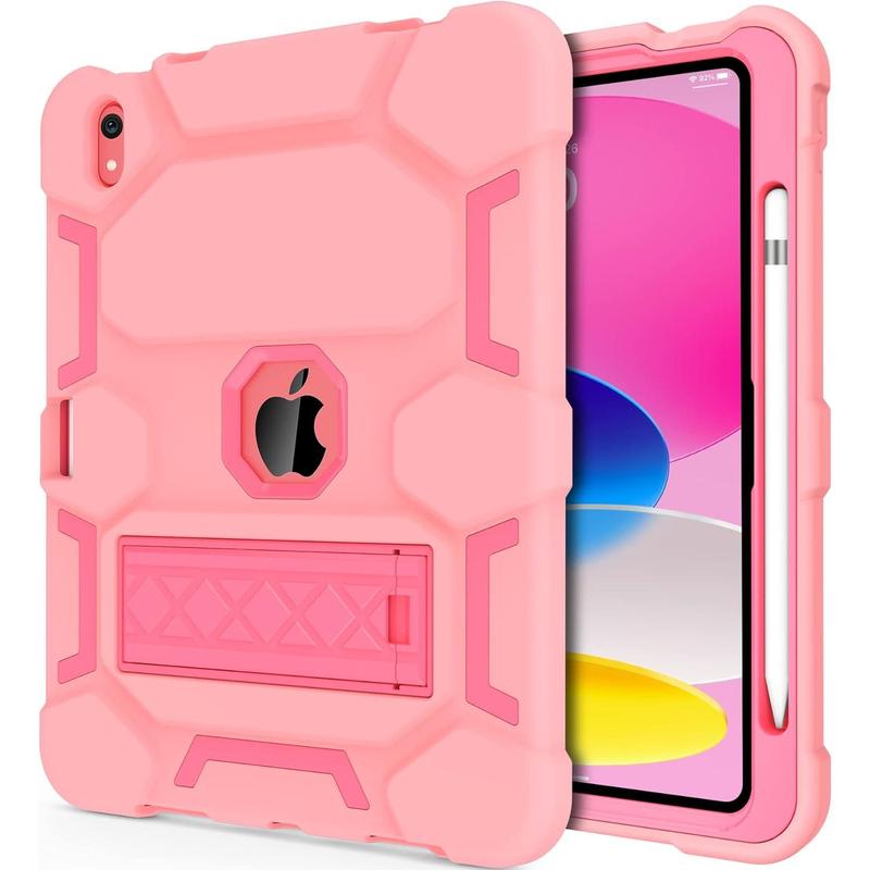 for iPad 10th Generation Case 10.9 Inch 2022, iPad 10 Case with Kickstand & Pencil Holder, Heavy Duty Shockproof Hybrid Three Layer Protective Cover, Rose +Rose