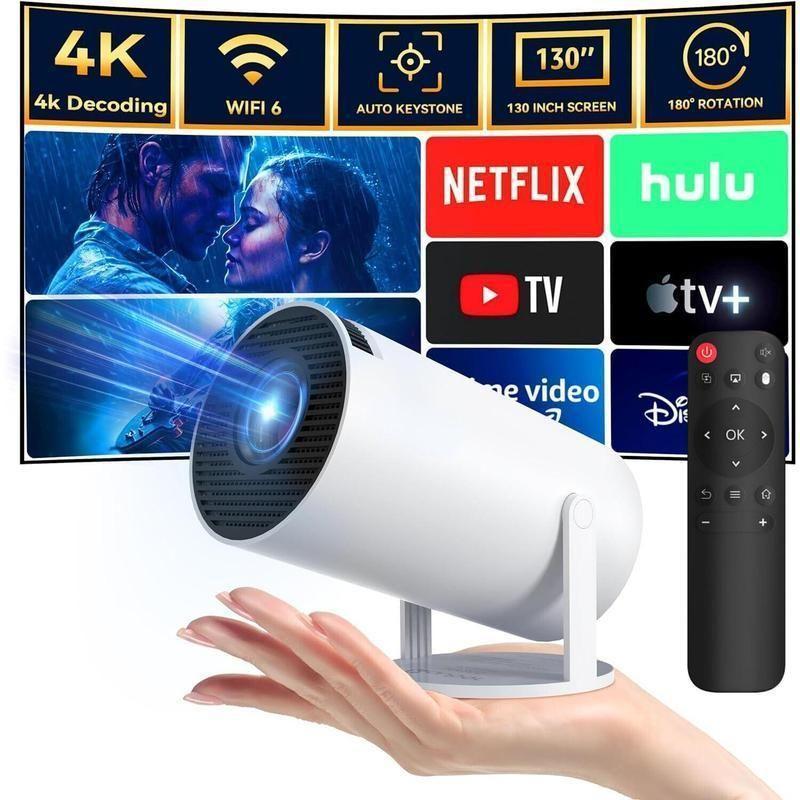 HY300PRO Mini Projector with WIFI 6 and Bluetooth, 4K 1080P Support Portable Projector 180° Rotatable 130'' Screen Movie Projector Auto Keystone Compatible for Laptop, PC, Smartphone Android Audio Adjustable Noise Remote Remote Control