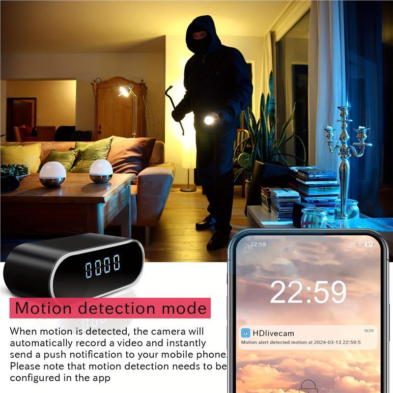 1Pcs WiFi HD Mini Camera With Clock, 2.4GHz WiFi 1080P Full HD Video Camera With Motion Detection Mode, Rechargeable Battery, Support App Wireless Remote Live View, Smart Security Camera With Night Vision,Indoor Family Warehouse Waterproof Installation