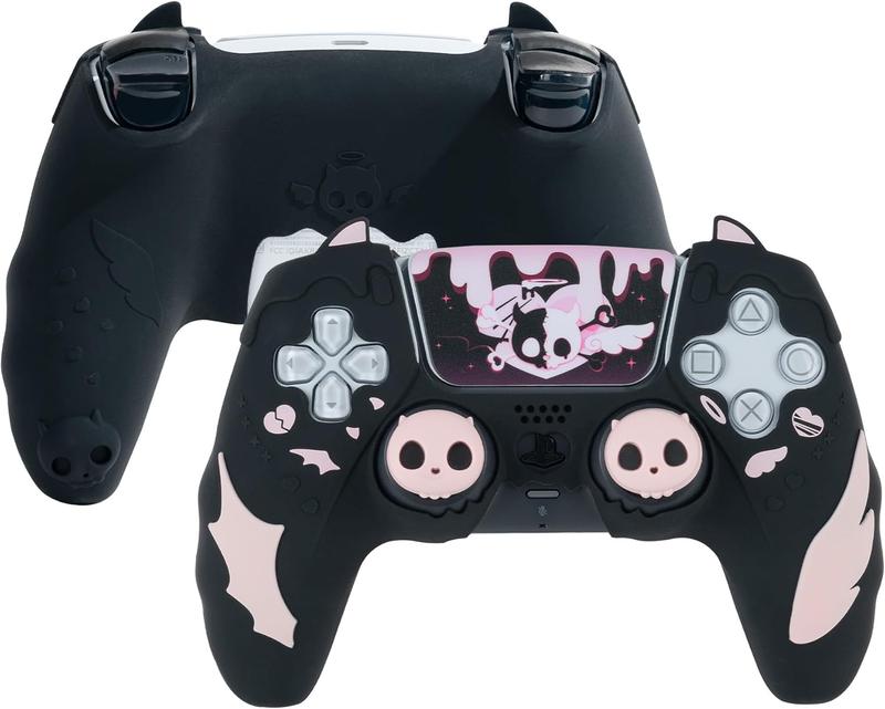 GeekShare PS5 Controller Skin Set,Anti-Slip Silicone Protective Cover Skin for PlayStation 5 Wireless Controller, with 2 Thumb Grip Caps and 2 Stickers - Sweetheart Skull Black   Pink