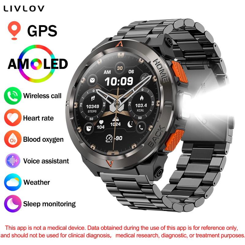 Compass Functional Sports Smartwatch for Men Women with GPS and uv light Flashlight Function, 530mAh Battery, Receive Dial Calls - Fitness Tracker with Outdoor Pedometer, 100+ Exercise Modes, Compatible with Android and iPhone.