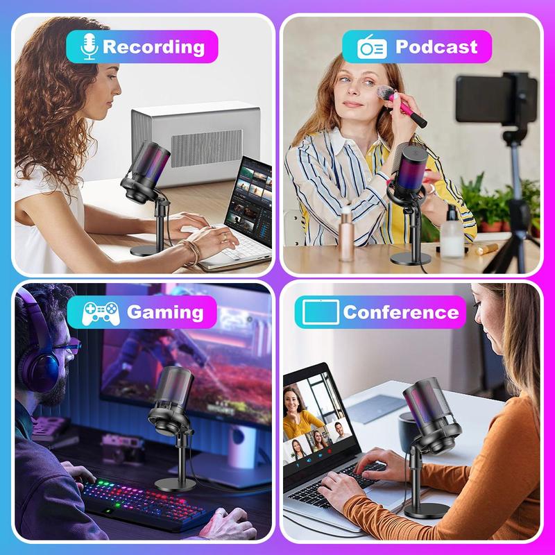 USB RGB Condenser Gaming Microphone, Desktop Microphone with Type-C Adapter & Tap to Mute, Suitable for Live Streaming, Voice Dub, Gaming