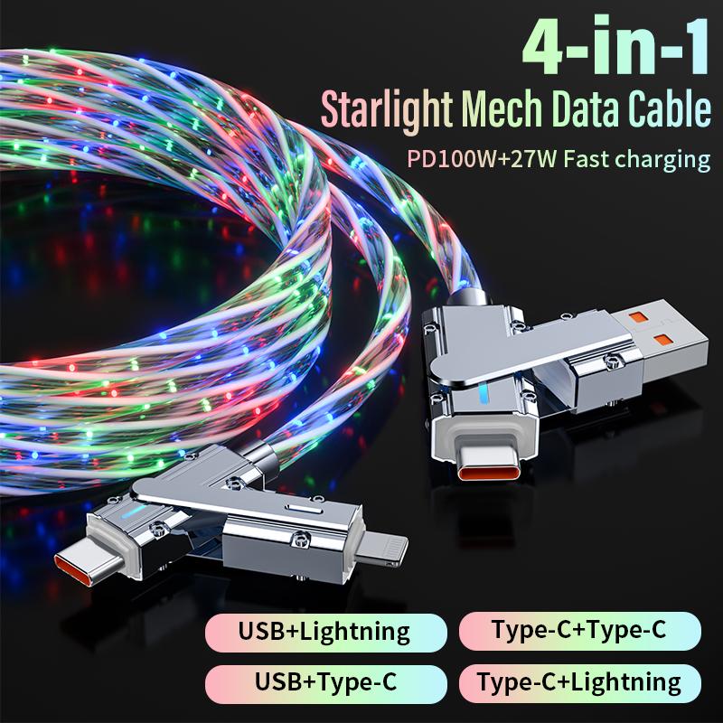 4-in-1 Star light quick Charging Cable, PD 100W+27W Data Sync USB+TYPEC+Lightning for iPhone,Samsung Galaxy, Android, iPad Pro,Table PC fast charge