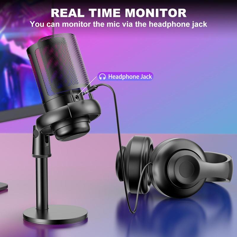 USB RGB Condenser Gaming Microphone, Desktop Microphone with Type-C Adapter & Tap to Mute, Suitable for Live Streaming, Voice Dub, Gaming