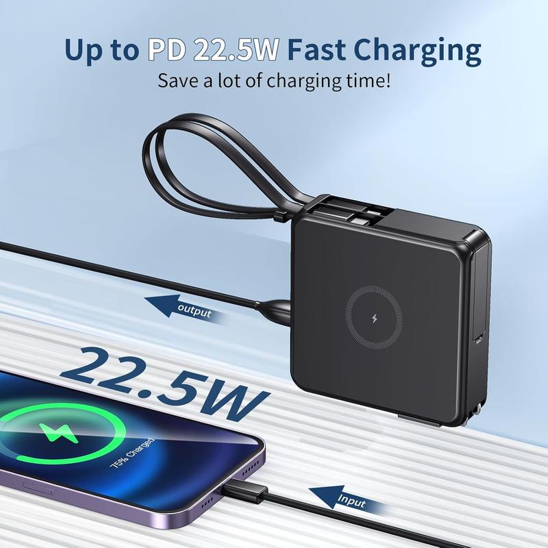 Portable Charger with built-in cables & AC wall plug, 10000mAh Wireless Charging (no-magnetic) power bank, PD 22.5W fast charging USB C battery pack compatible with iPhone, Android, Samsung