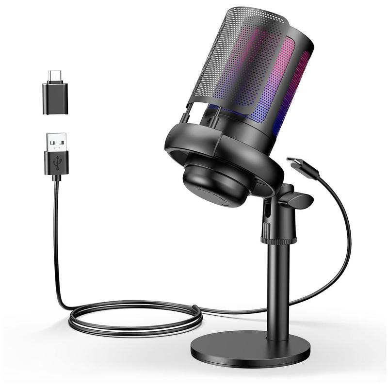 USB RGB Condenser Gaming Microphone, Desktop Microphone with Type-C Adapter & Tap to Mute, Suitable for Live Streaming, Voice Dub, Gaming