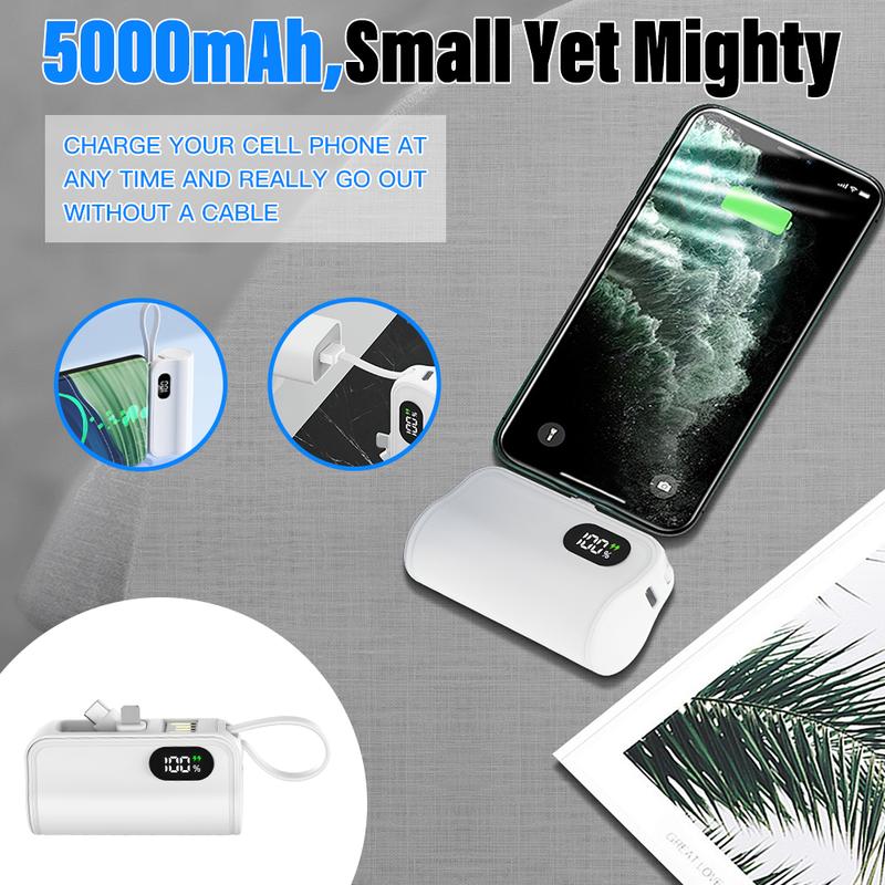 2-in-1 Portable Charger with Portable Connector, 5000AMH,USB-C Compact Battery Pack, Compatible with iPhone 15 15 Pro Max 14 13 12 11 XR Android Phones, Universal