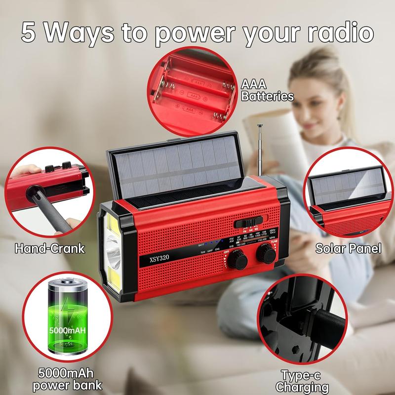 Emergency Radio Hand Crank Solar,AM FM WB NOAA Weather Radios with Oversized Solar Powered Power Panel,Type-C Charger,3W Flashlight & Reading Lamp,SOS Alarm,5000 mAh Battery Operated Survival Radio