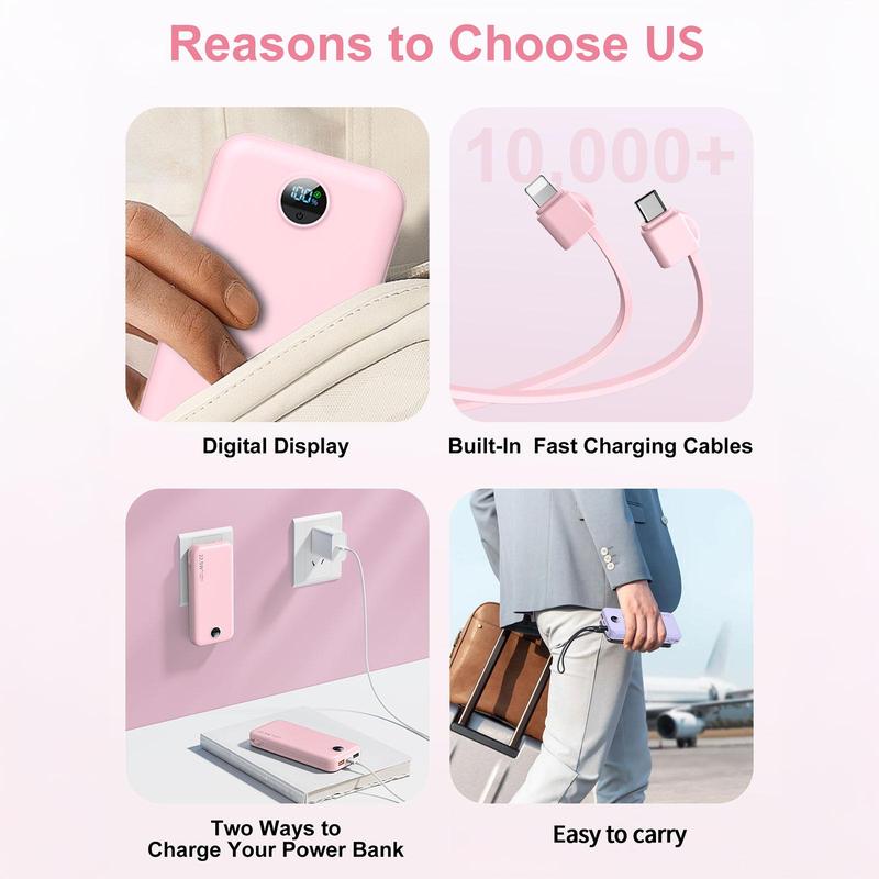 12000mAh Slim Fast Charging USB C Power Bank, 1 Count Portable Power Bank with Built-in Cables & AC Wall Plug, Travel Essential Battery Pack with LED Display