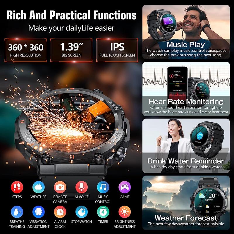 Men's Call Smart Watch, 1 Count BT Sports Fitness Tracker, Round Screen Smartwatch with Heart Monitor, IP67 Waterproof Sports Watch with Sleep Monitoring, Stocking Fillers Gift, Men's Tech Gadgets 2024