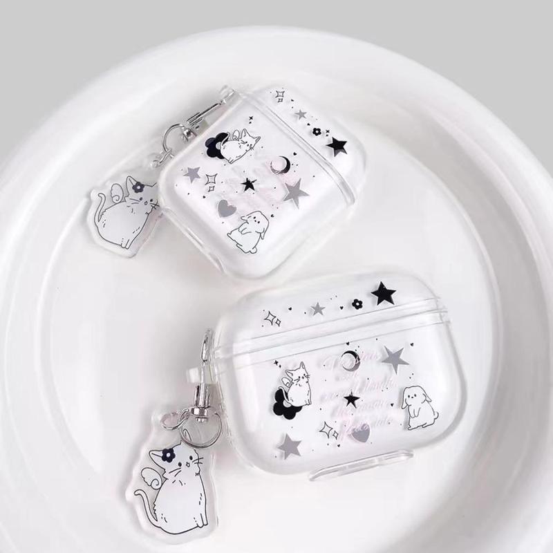 Cute Cartoon Cat Pattern Earphone Case with Keychain, 1 Count Transparent Earphone Protective Cover Compatible with Airpods