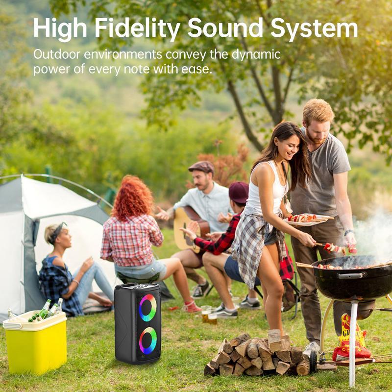 Wireless Bluetooth speaker with dual speakers and RGB lighting to enhance the atmosphere of the venue. Moderate size, portable and lightweight, supports microphone connection, and has FM radio function, suitable for family gatherings and outdoor use.