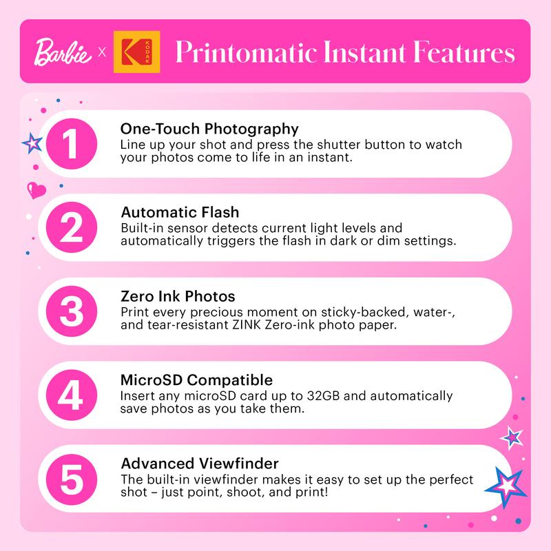 Barbie x Kodak Printomatic 2x3” Instant Print Camera, 5MP Portable Instant Camera - Signature Style camera  for Kids and Adults