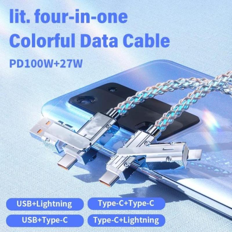 Kezhan 4-in-1 Luminous Data Cable, Multipurpose USB Charging Cable, PD Type-C 100W Phone Charging Cable, Phone Accessories for Apple PD 27W