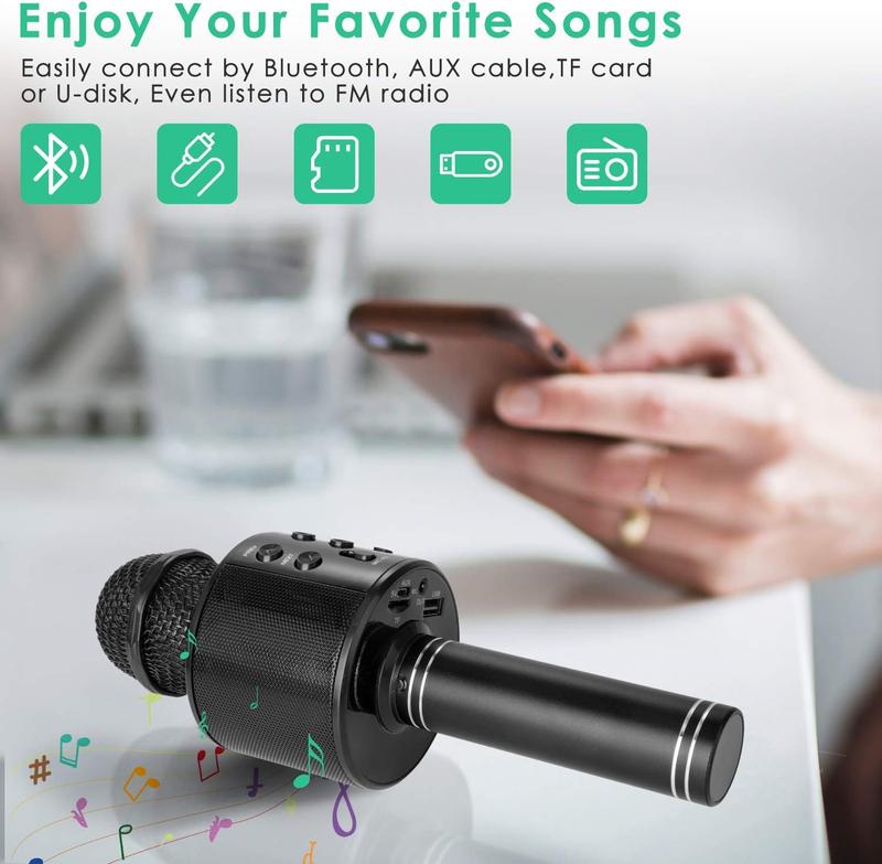 Wireless Bluetooth Karaoke Microphone toy 5-in-1 Portable Karaoke Mic Speaker Player Recorder with Adjustable Remix FM Radio Christmas Birthday Gift