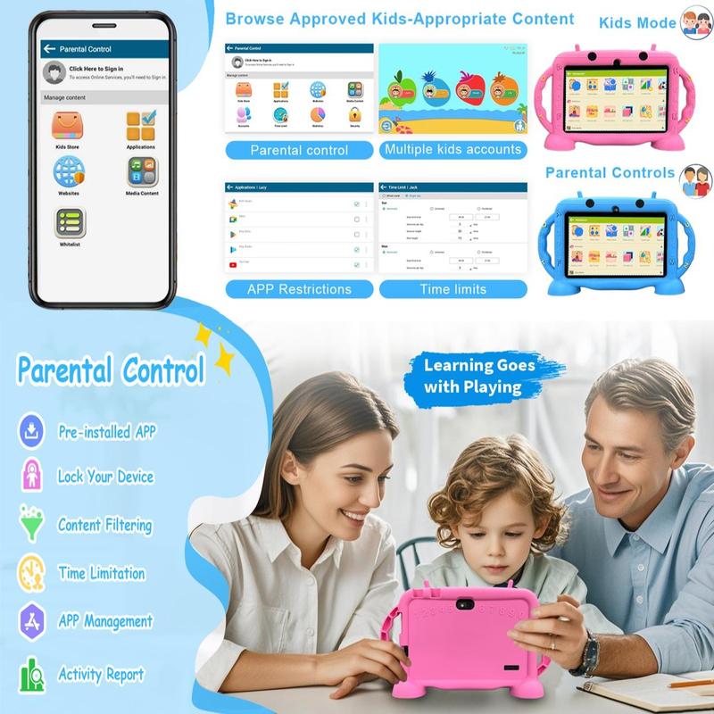 Android Tablet, Portable 7 Inch Tablet with Protective Case, Parental Control, Pre installed Applications & Free Games, Educational Tablet with WiFi, Bluetooth-compatible