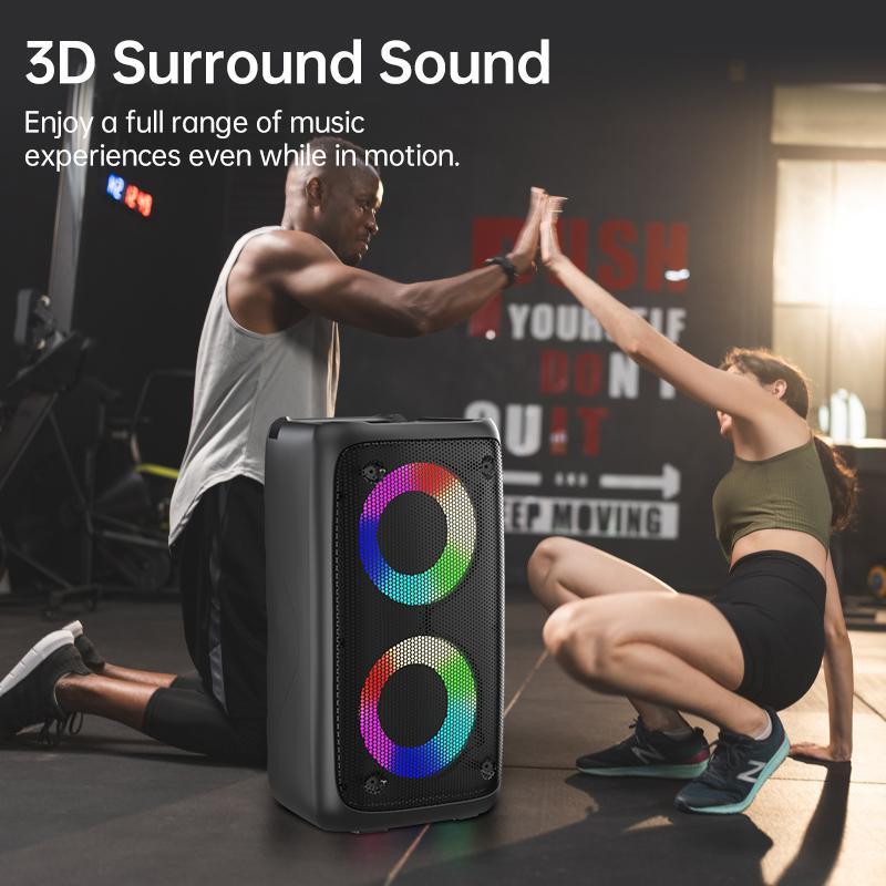 Wireless Bluetooth speaker with dual speakers and RGB lighting to enhance the atmosphere of the venue. Moderate size, portable and lightweight, supports microphone connection, and has FM radio function, suitable for family gatherings and outdoor use.