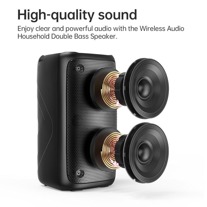 Wireless Bluetooth speaker with dual speakers and RGB lighting to enhance the atmosphere of the venue. Moderate size, portable and lightweight, supports microphone connection, and has FM radio function, suitable for family gatherings and outdoor use.